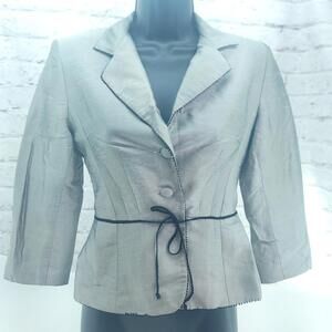Kay Unger Women's Gray Metallic Sheen Size 2 3/4 Sleeve Tied Waist Silk Blazer